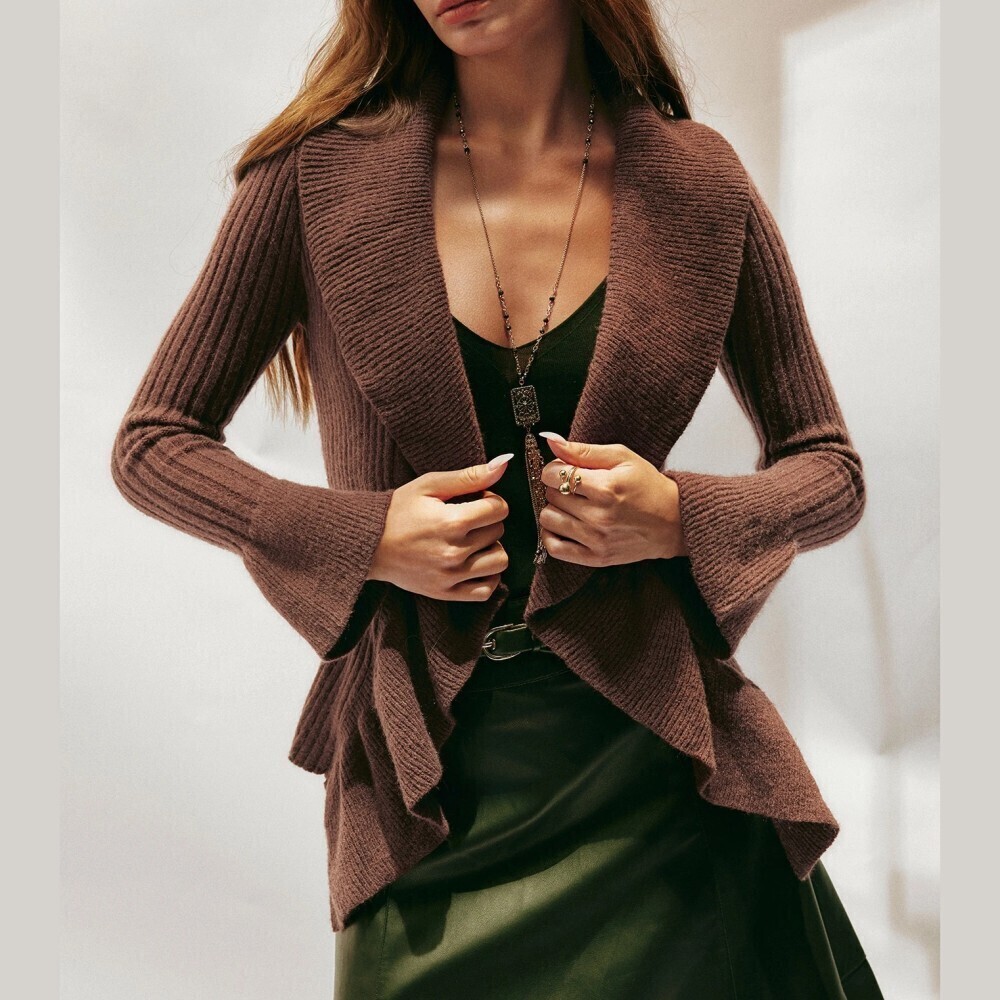 Brown Ribbed Knit Waterfall Collar Bell Sleeve Open Front Cardigan